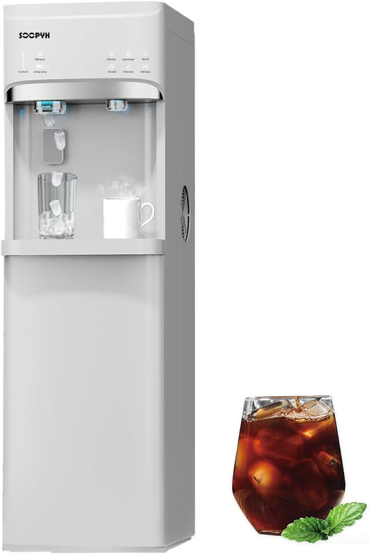 Self-Cleaning Bottom Load Water Cooler Dispenser with Ice Maker for 5 Gallon 3 Temperature Settings 22lbs Daily Capacity White