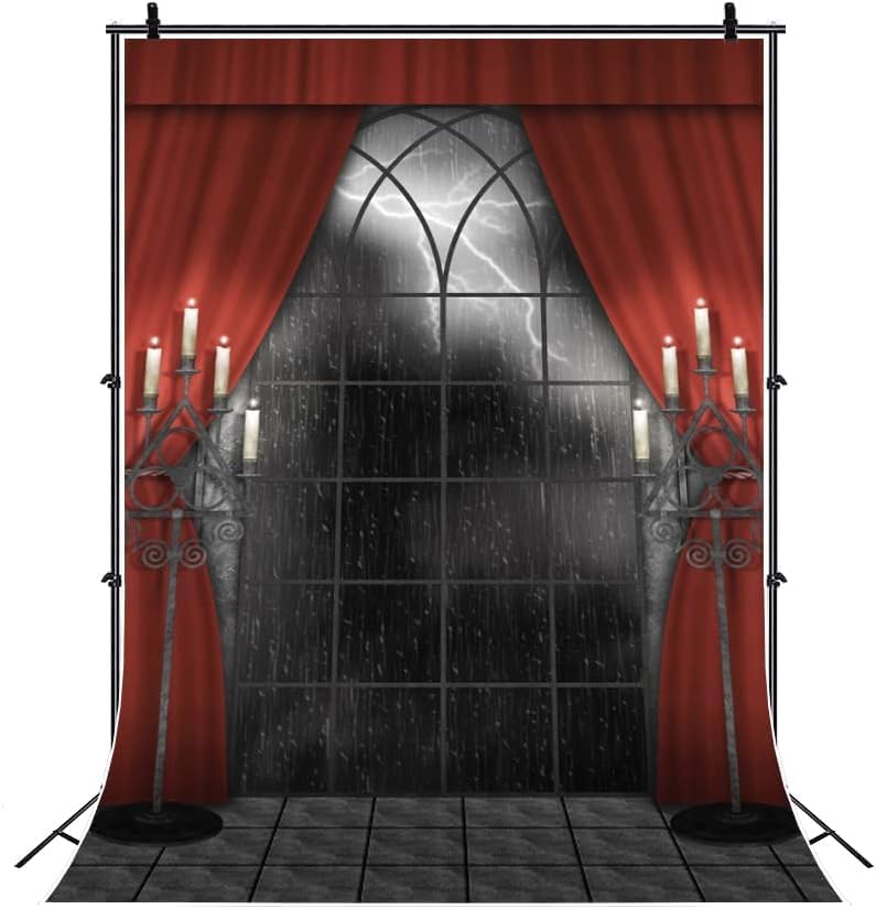 Renaiss 5x7ft Vintage Gothic Window Backdrop Red Curtain Candlestick Black Floor Lightning Stormy Sky Vampire Medieval Castle Photography Background Halloween Dress Up Party Decors Photo Booth Props