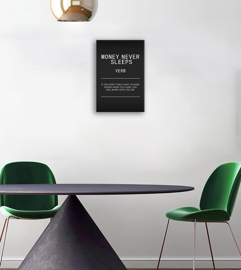 WYJDFART Inspirational Wall Art Canvas Painting Wall Art Money Never Sleeps Verb Black Poster Positive Motivational Artwork Prints Picture Living Room Office Decor Framed Ready to Hang[12" W X 18" H]