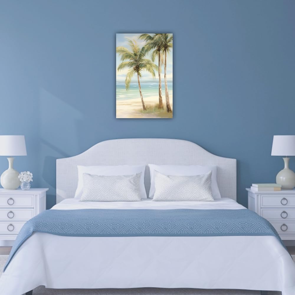 LURENCZH Tropical Beach Canvas Wall Art Seaside Palm Tree Picture Wall Decor Ocean Scenery Painting Prints for Bathroom Decor Framed(Beach-3,20.00" x 30.00")