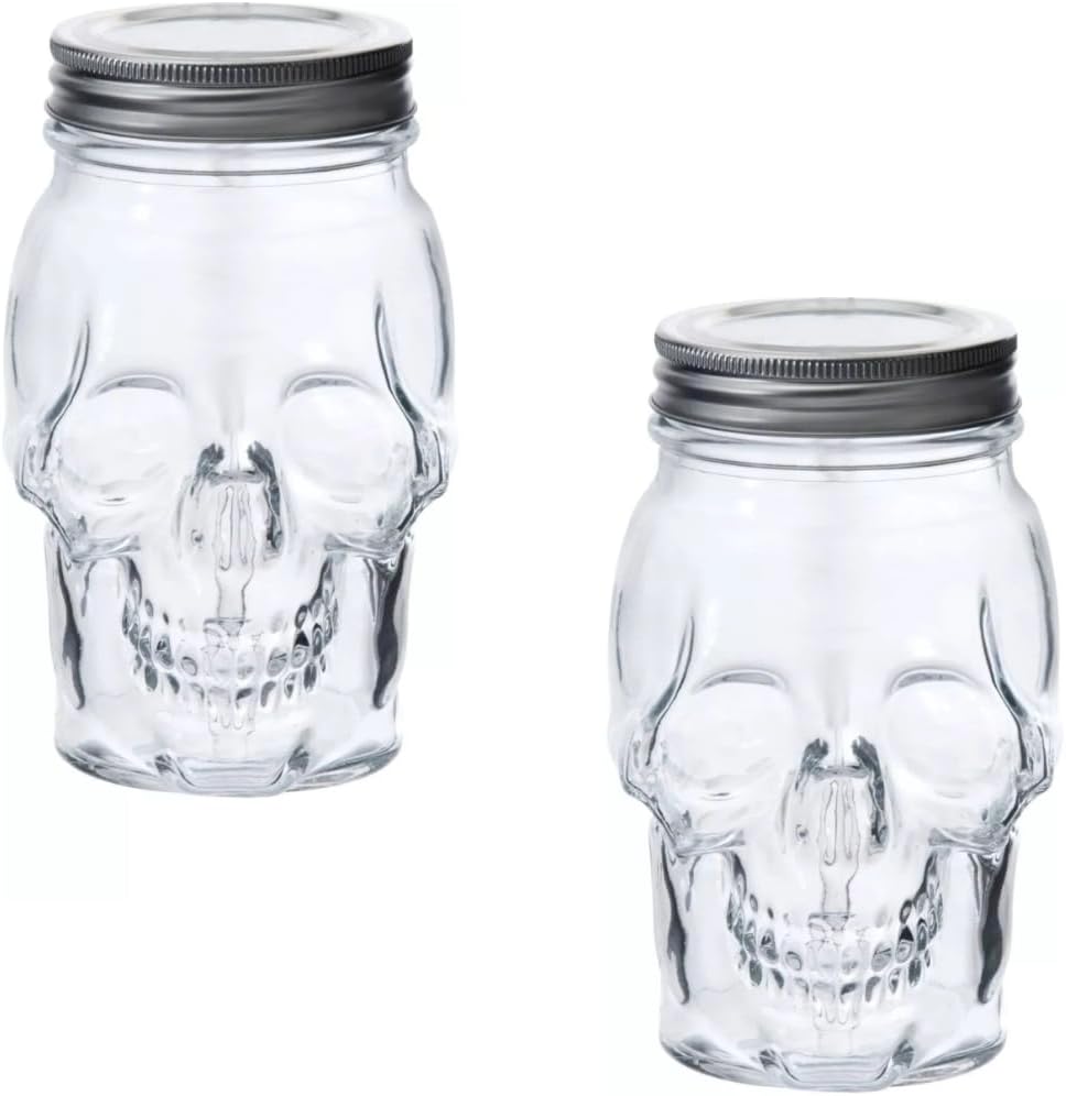Set of 2 Skull Mason Jar Glasses with Lids | 16oz Reusable Halloween Drinking Glasses | Unique Skull Décor, Storage, & Canning Jars for Parties & Gifts
