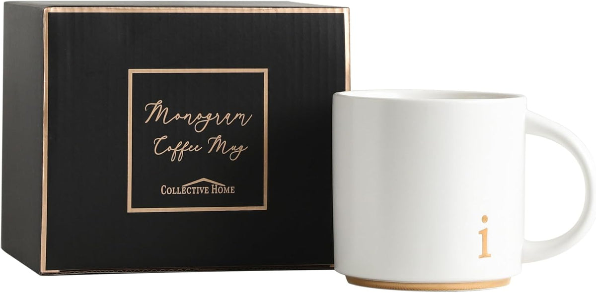 COLLECTIVE HOME - Monogram Ceramic Mugs, 15 oz Golden Initial Coffee Cups, Elegant Alphabet Tea Mugs, Elegant Personalized Mug with Gift Box, Luxurious Cups for Office and Home (i)