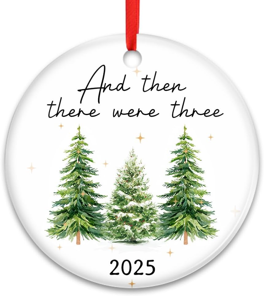 Family of Three Ceramic Ornament 2025 – “and Then There were Three” Christmas Tree Decoration, Pregnancy Announcement