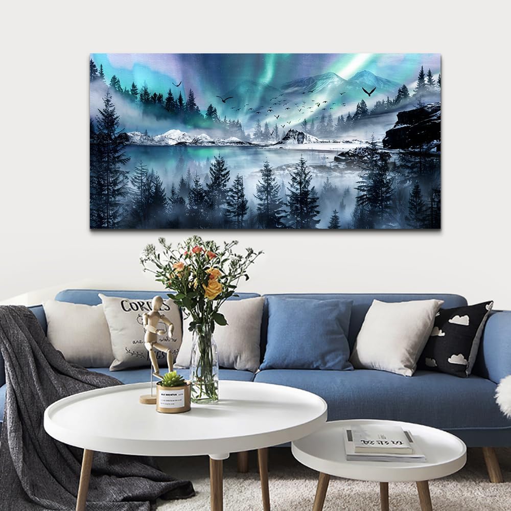 hyidecorart Modern Canvas Wall Art For Office Large Wall Decorations For Living Room Stretched And Framed Canvas Prints Paintings Blue Aurora Scenery Wall Pictures Artwork Hotel Mural Ready To Hang