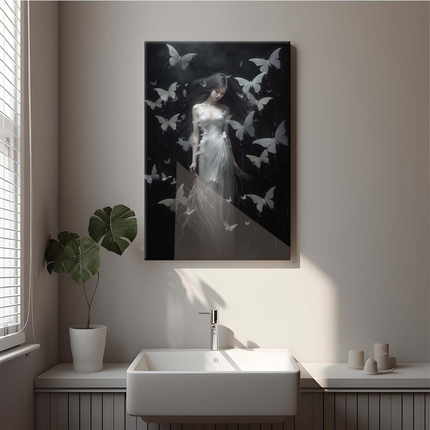 Vintage Gothic Feminine Canvas Wall Art Print Butterfly Poster Moody Female Wall Art Retro Artwork Dark College Decor for Home Bedroom28x40in Wood Framed