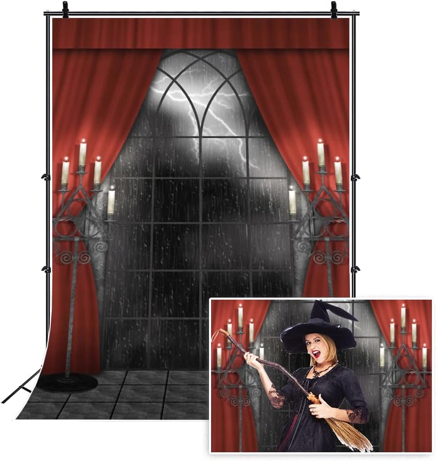Renaiss 5x7ft Vintage Gothic Window Backdrop Red Curtain Candlestick Black Floor Lightning Stormy Sky Vampire Medieval Castle Photography Background Halloween Dress Up Party Decors Photo Booth Props