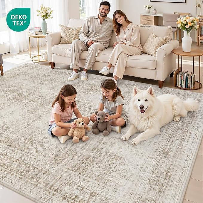 10x12 Area Rugs Living Room: Bedroom Neutral Washable Carpet Brown | Vintage - Image 7