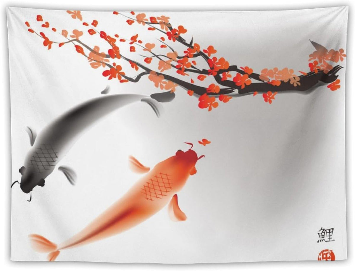 Houselerax Japanese Koi Fish Tapestry, Cherry Blossoms Asian Oriental Flower Branch Koi Fish Carp Tapestries Wall Hanging for Bedroom Living Room Office Decor 90"x60"