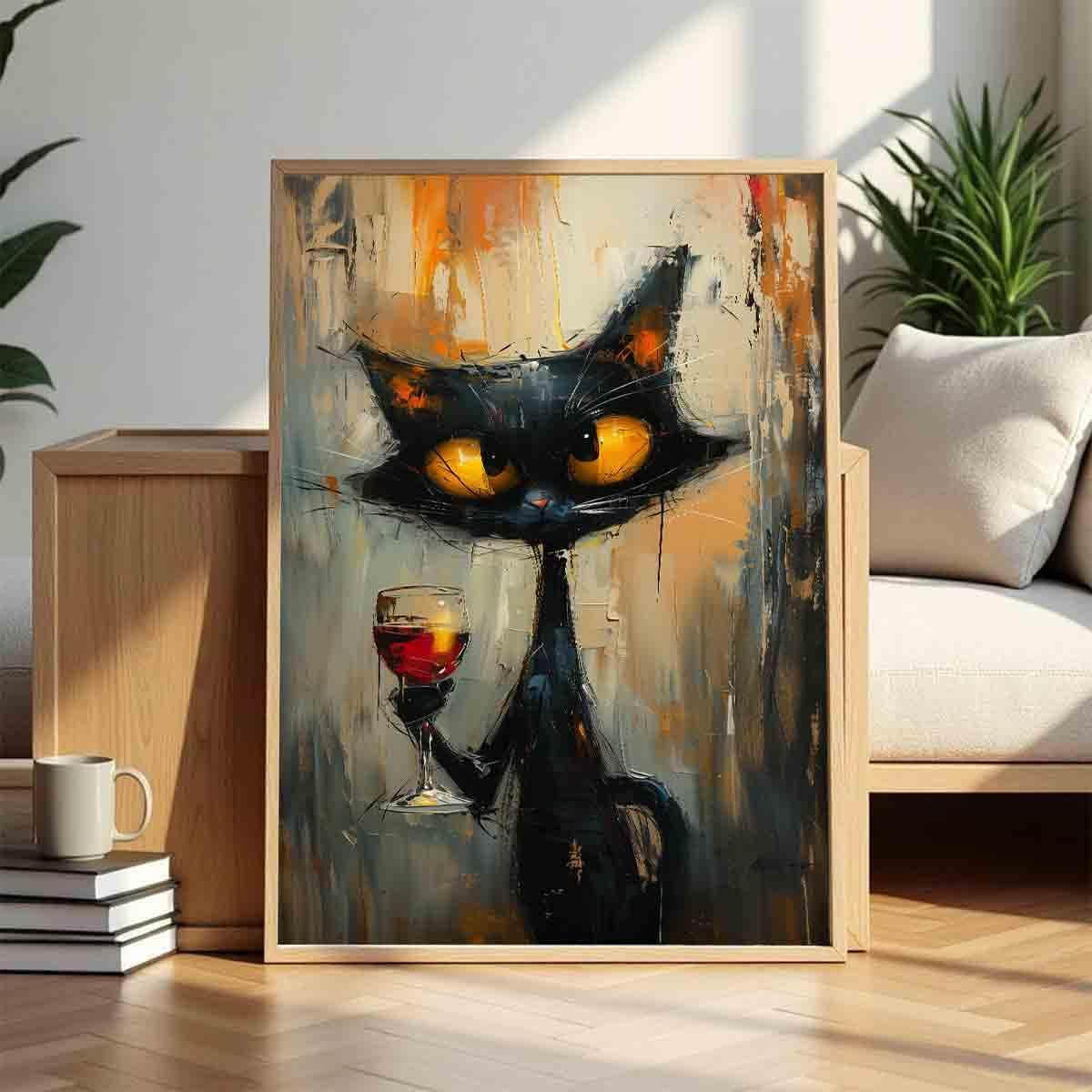 Funny Black Cat Wall Art Cute Black Cat Pictures Animal Abstract Painting Red Wine Wall Art Abstract Cat Cute Pictures Vintage Animal Pictures Funny Painting Living Room Decor 16x24inch No Frame
