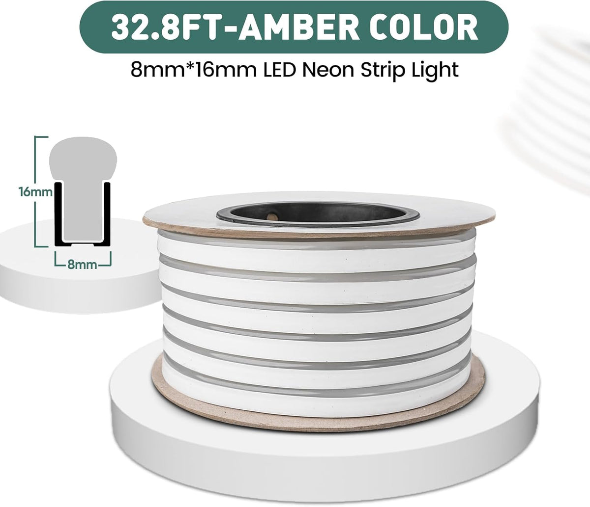 GZBtech Flexible LED Neon Rope Lights 33FT,AC 110-120V Waterproof Strip Light, 120 LEDs/M Cuttable Connectable Neon Lighting for Indoor Outdoor Home Decor/Commercial Building Use-Amber 10M
