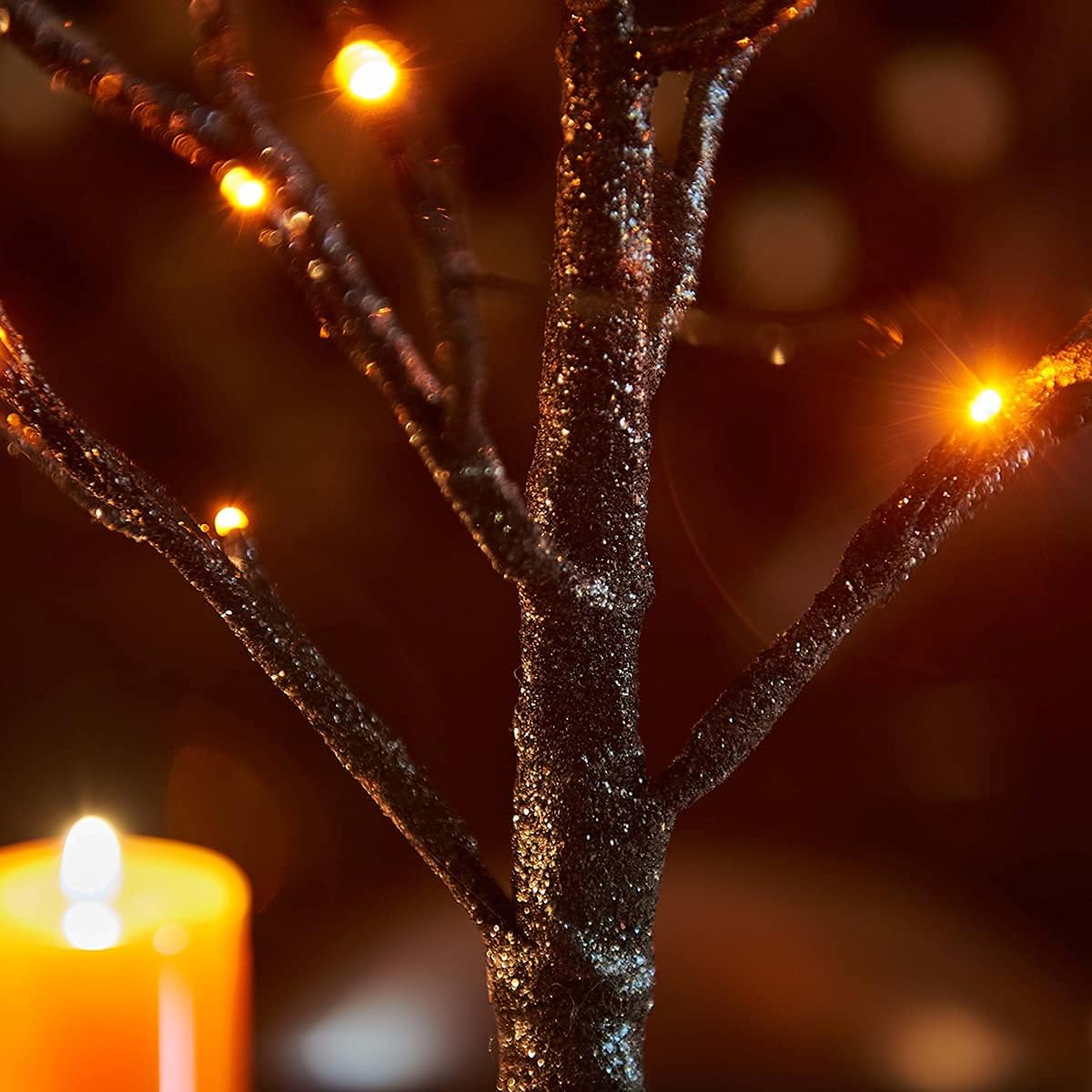 Fudios Black Halloween Tree with Lights 24 LED Orange with Timer, Lighted Tabletop Glittered Spooky Tree Artificial 18in for Witch Home Decor Battery Operated or USB Plug