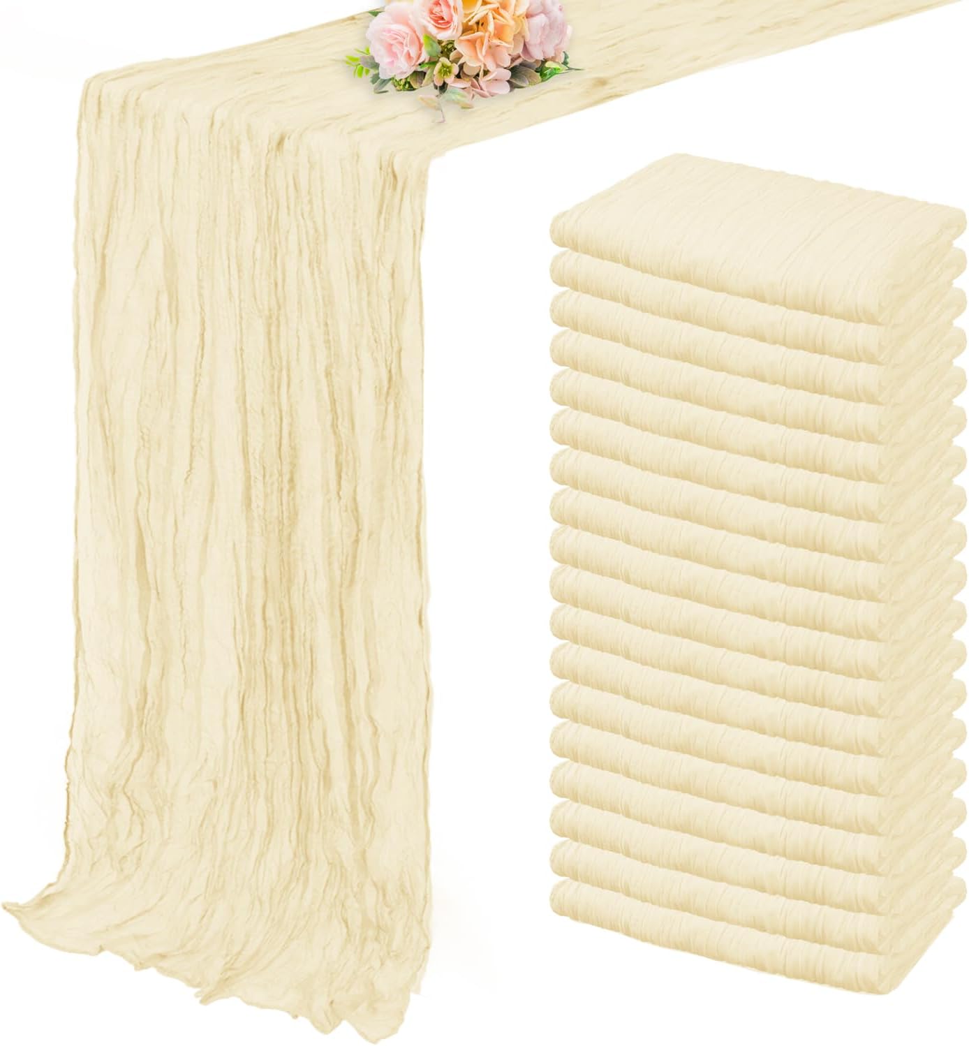 10FT 20 Pack Beige Cheesecloth Table Runner 20 x 120 Inch Long Rustic Gauze Fabric Cheese Cloth Table Runner for Wedding Bridal Baby Shower Table Decorations Boho Sheer Birthday Party Table Decor