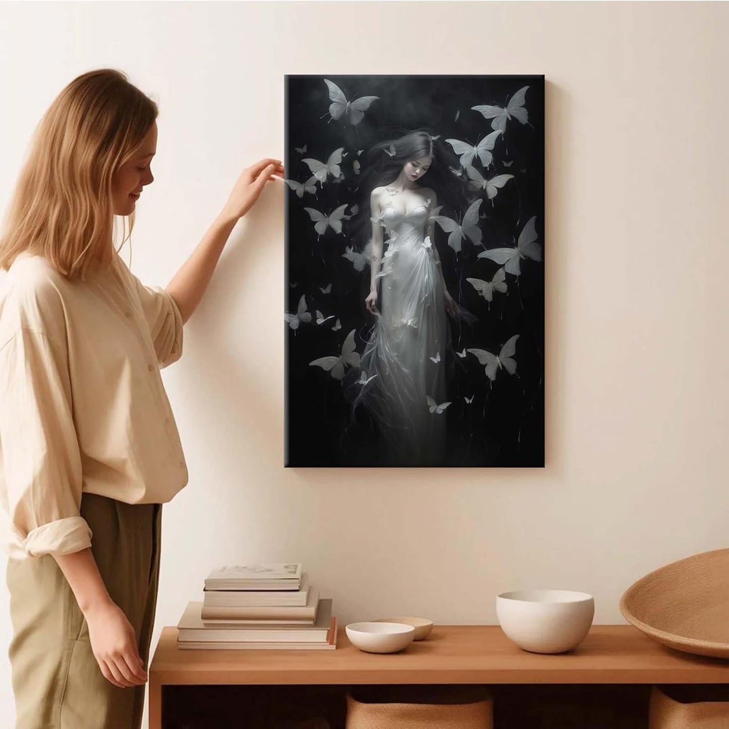 JFHCQJPK Vintage Gothic Feminine Canvas Wall Art Print Butterfly Poster Moody Female Wall Art Retro Artwork Dark College Decor for Home Bedroom32x48in Frameless
