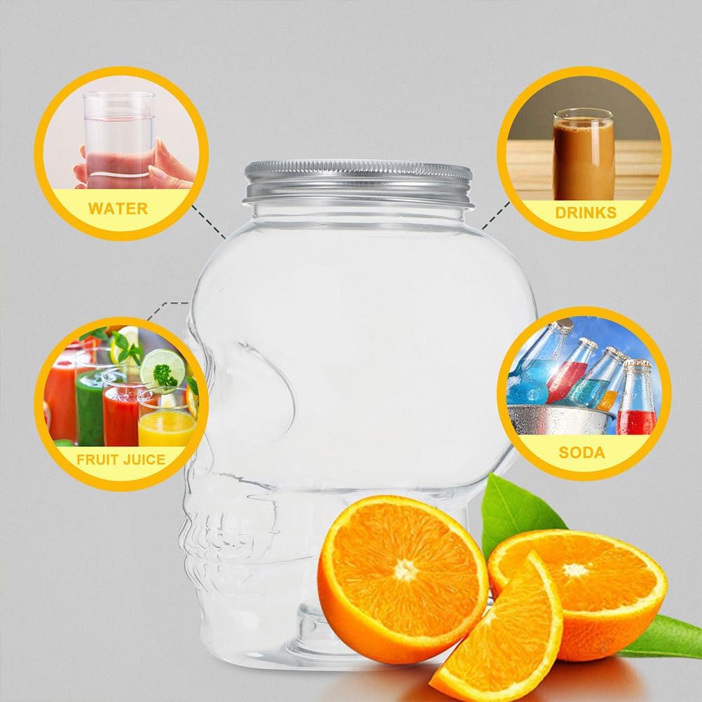 VOSAREA 4pcs Halloween Beverage Bottles Clear Skull Shaped Jar Cups 800ml Plastic Drink Bottles with Screw Straw Hole Lid Party Water Tumbler Skull Beverage Juice Mug