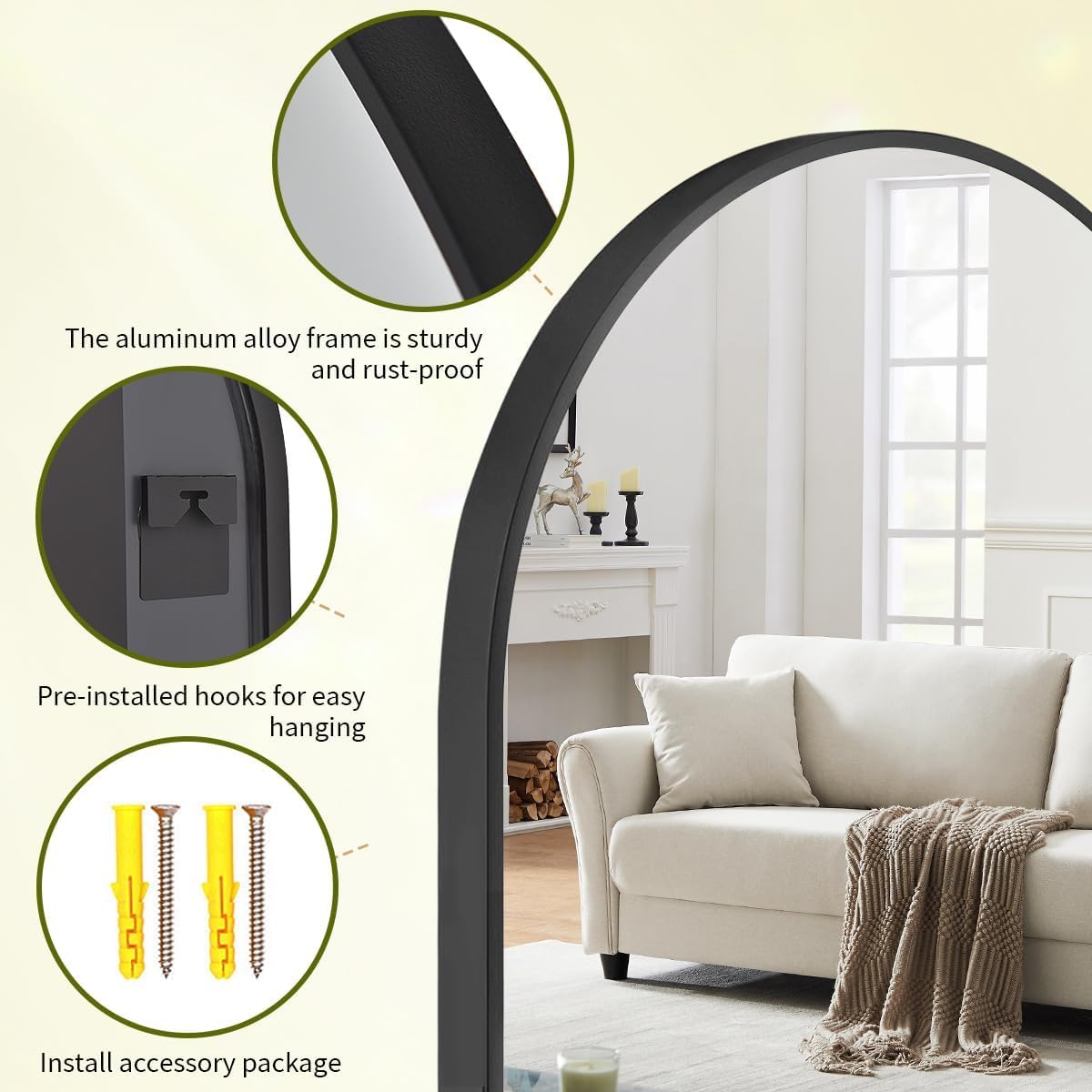 BEAUTYPEAK 36"x48" Arch Bathroom Mirror, Wall Mounted Vanity Metal Frame Mirror for Bedroom, Entryway, Living Room, Black