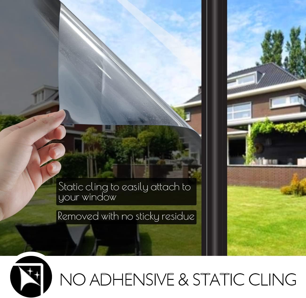 HIDBEA One Way Privacy Window Film, Daytime Mirror Reflective Heat Control UV Sun Blocking Non-Adhesive Static Cling Window Tint for Home and Office(Black-Silver, 41.3 Inch x 13.1 Feet)