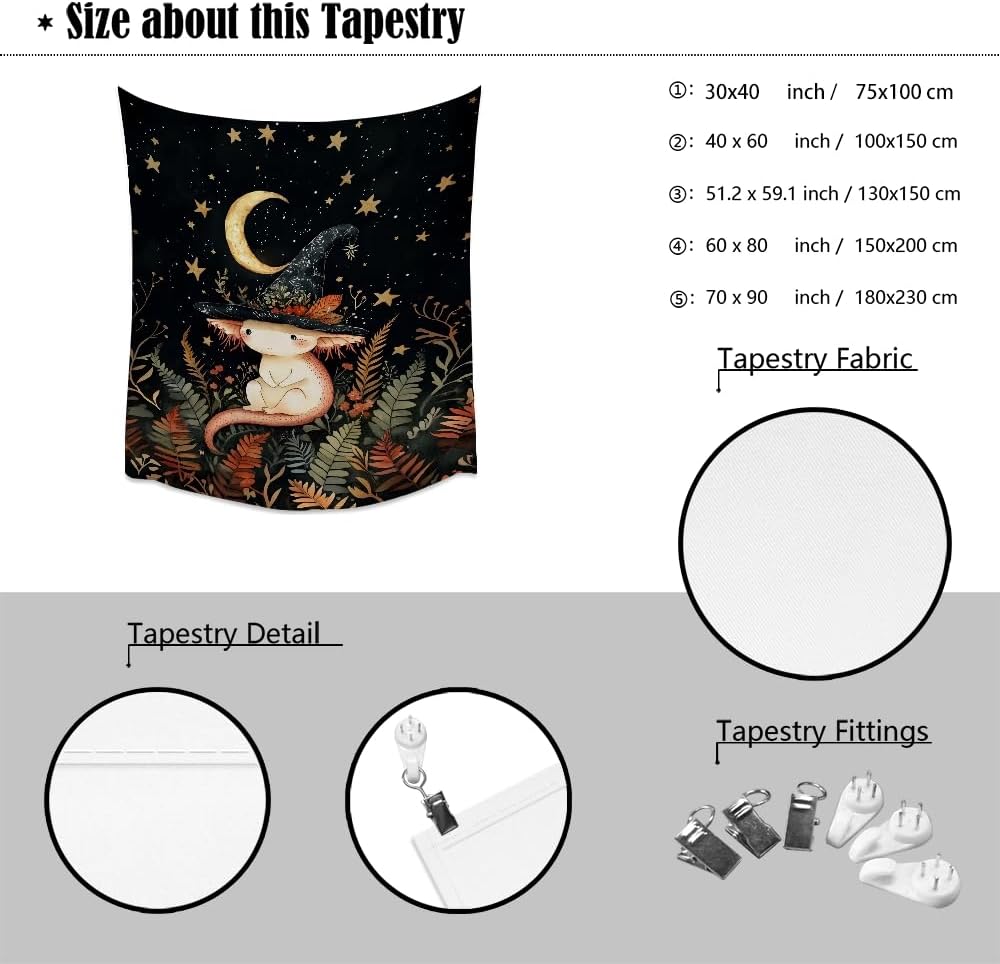 Whimsical Witch Tapestry Wall Hanging Decor Cute Axolotl Tapestry Magical Moon Animal Nursery Decoration Halloween Tapestries wall art for Home Kids Bedroom Living Room 70x90inch