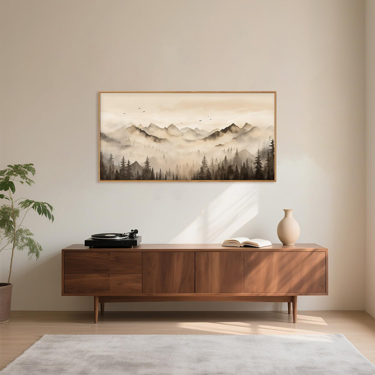 Nature Misty Forest Framed Canvas Wall Art Set, Foggy Landscape Wall Decor, Watercolor Pine Tree Wall Painting, Large Mountains Art Print for Living Room, Bedroom, Office - 20"X40"
