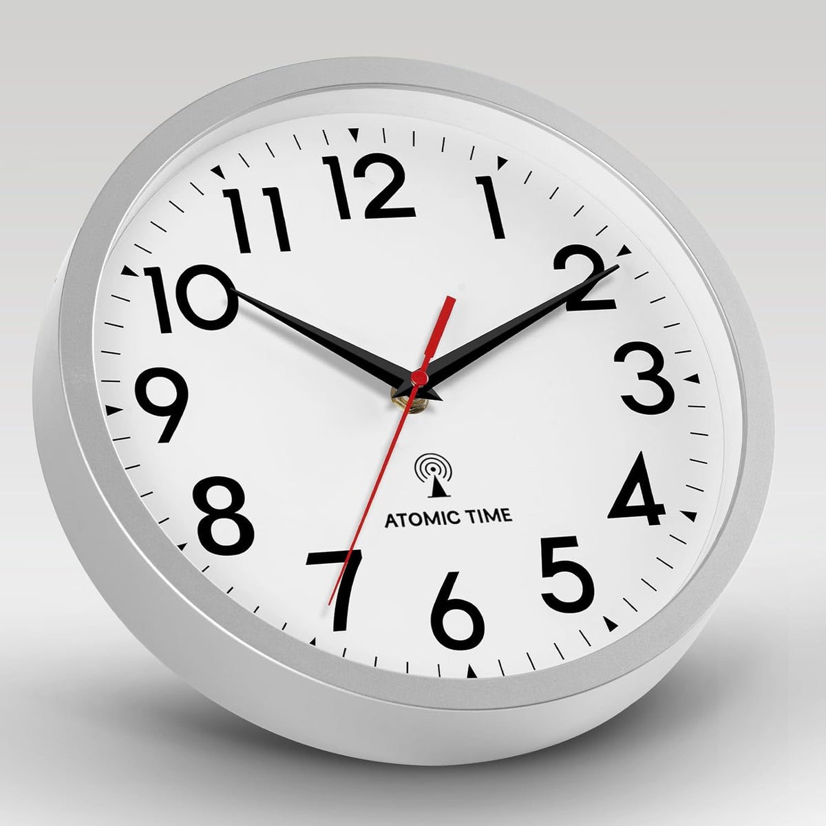 Atomic Wall Clock Analog 10 Inch Battery Operated Modern Decorative for Living Room Kitchen Office Bedroom Bathroom(Silver)