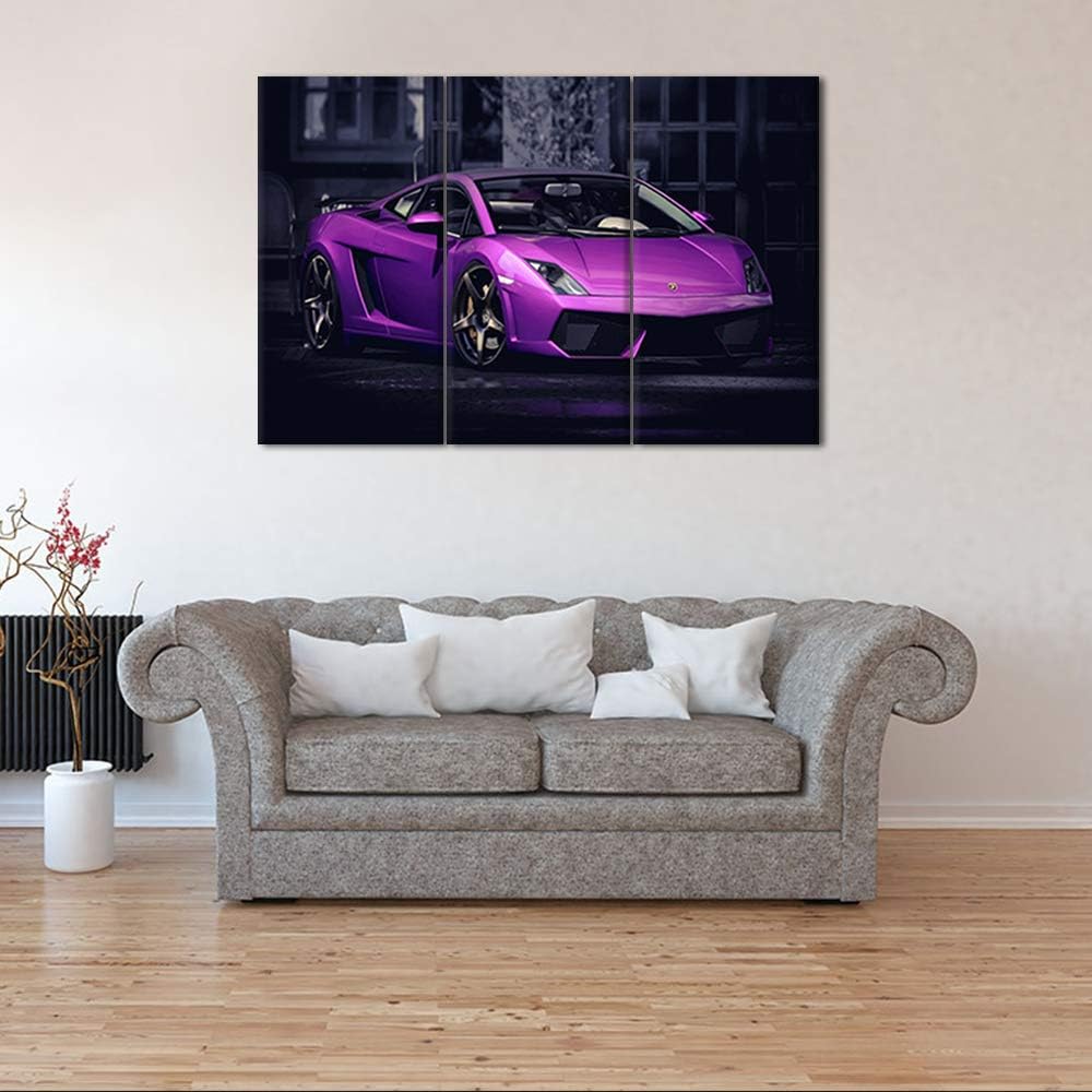 3 Panel Modern Framed Landscape Artwork Giclee Canvas Prints Pictures Paintings on Canvas Wall art for Living Room Bedroom Home Office Decorations,Purple Sports car Poster - 12 x 24 inch x 3 Pieces