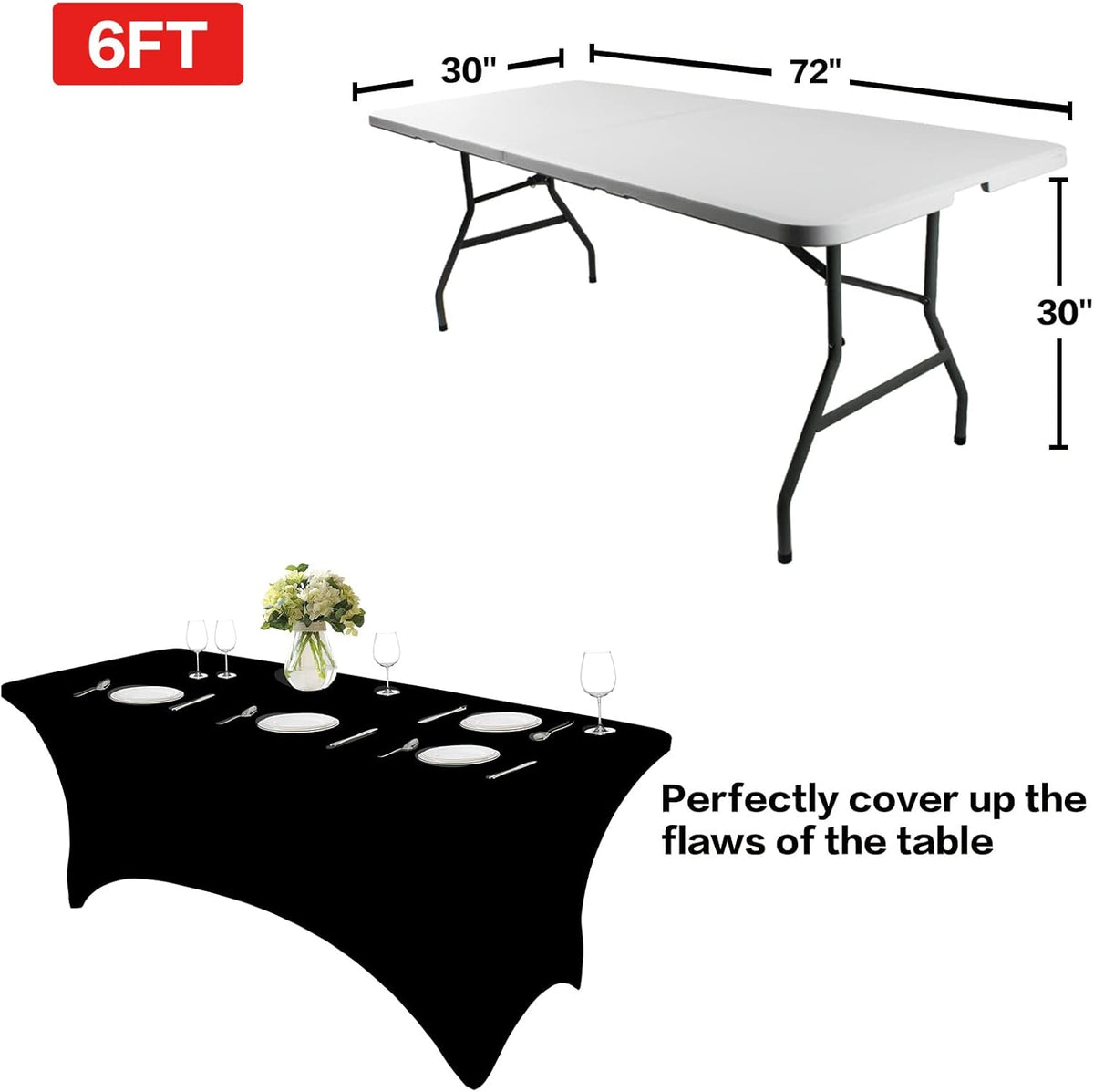 IVAPUPU 6FT Spring Table Cloth for Rectangular Fitted Events Stretch Black Table Covers Washable Cover Spandex Tablecloth Protector for Party, Wedding, Cocktail, Banquet, Festival