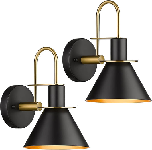 Wall Sconces Set of Two, HWH Modern Sconce Wall Lighting, 1-Light Gooseneck Barn Vanity Light, Industrial Wall Lamp for Bedroom Kitchen Bathroom, Black and Gold Finish, 5HZG56B-2L BK+BG