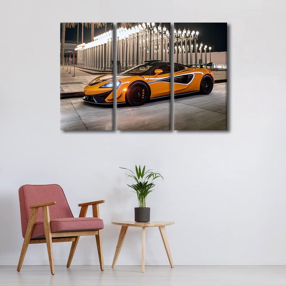 TUMOVO Wall Art for Living Room Orange Sports Car Under the Lights Canvas Supercar Speed Landscape Contemporary Posters Prints Artwork Ready to Hang Bedroom Office 36''Wx24''H