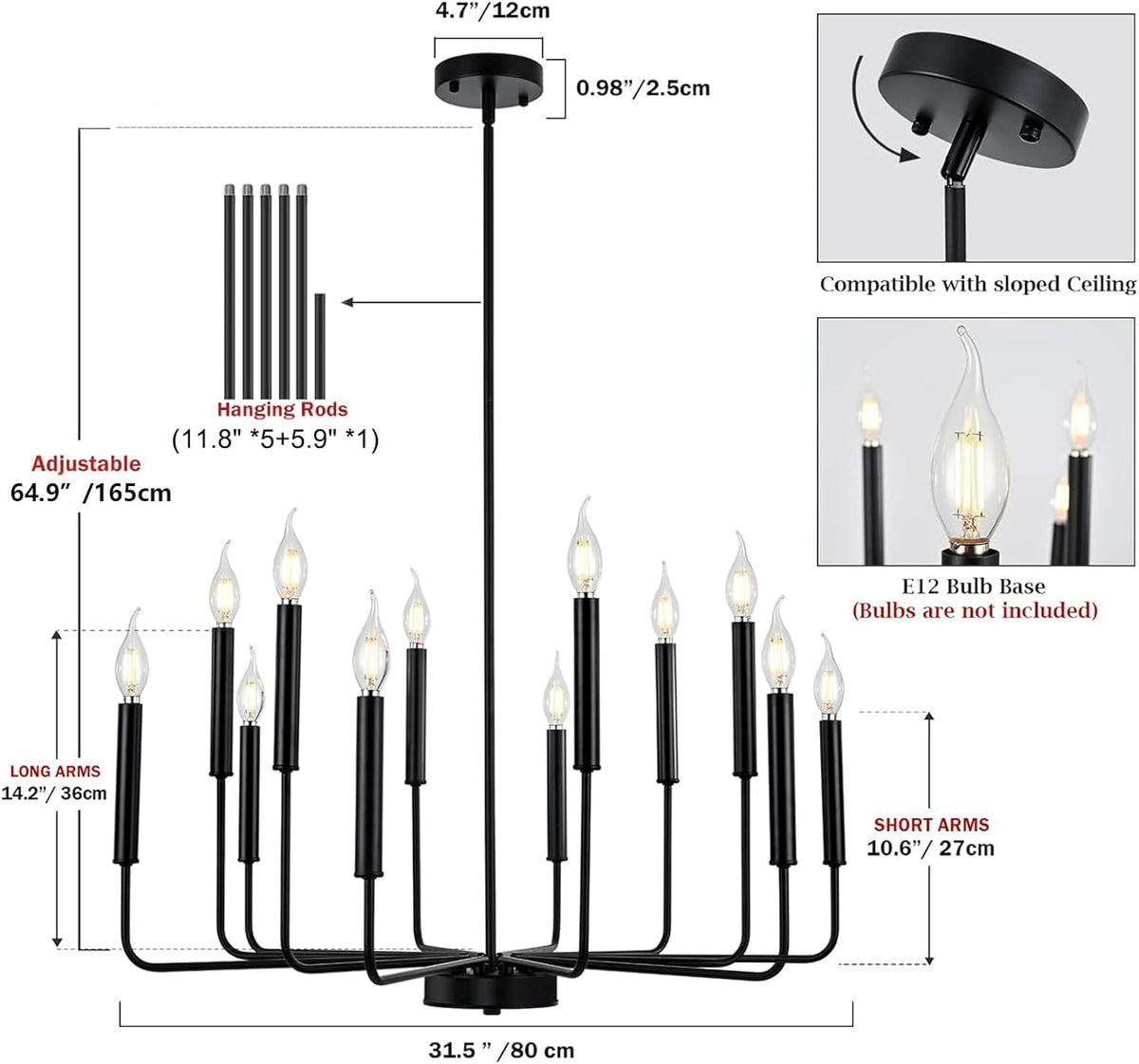 Modern Black Farmhouse Chandeliers, 12-Light Industrial Metal Chandelier Lighting, Classic Candle Hanging Pendant Light Fixtures for Living Room, Dining Room, Kitchen, Bedroom, Entryway