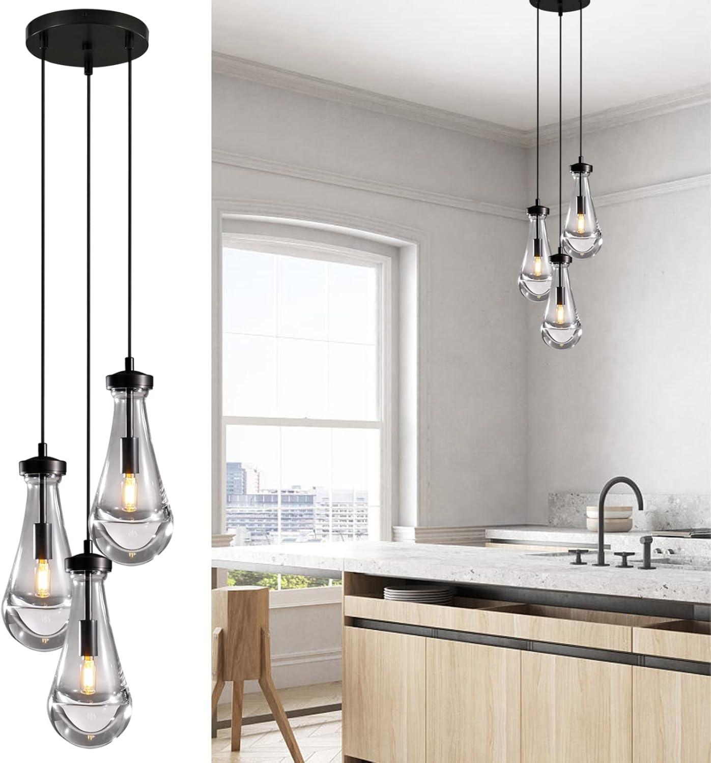 Bronze 3 Light Pendant Lighting, Raindrop Pendant Lights, Black Adjustable Hanging Rope Cluster Pendant Lighting Over Kitchen Island, Teardrop Glass Chandelier Dining Room Light Fixture