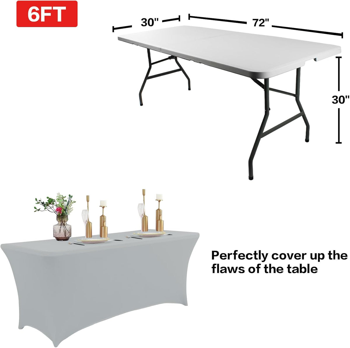 IVAPUPU 2 Pack 4FT Table Cloth for Rectangular Fitted Events Stretch Grey Table Covers Washable Cover Spandex Tablecloth Protector for Party, Wedding, Cocktail, Banquet, Festival
