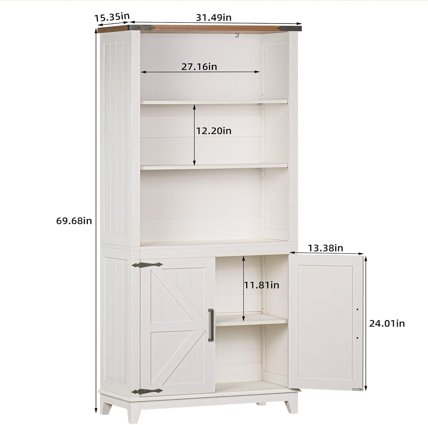 5 Tier Bookshelf 70in Tall Bookcase with Barn Doors and Storage Cabinet, White Farmhouse Book Shelf with Adjustable Shelves, Wood Freestanding Display Bookshelves for Bedroom, Living Room