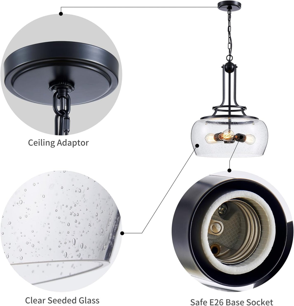 WUZUPS Chandelier Rustic Farmhouse Industrial Round Ceiling Pendant LED Light Fixture Clear Seeded Glass Shade for Dining Room Kitchen Island Foyer Entryway, H 20.9" x W 15.9", Black