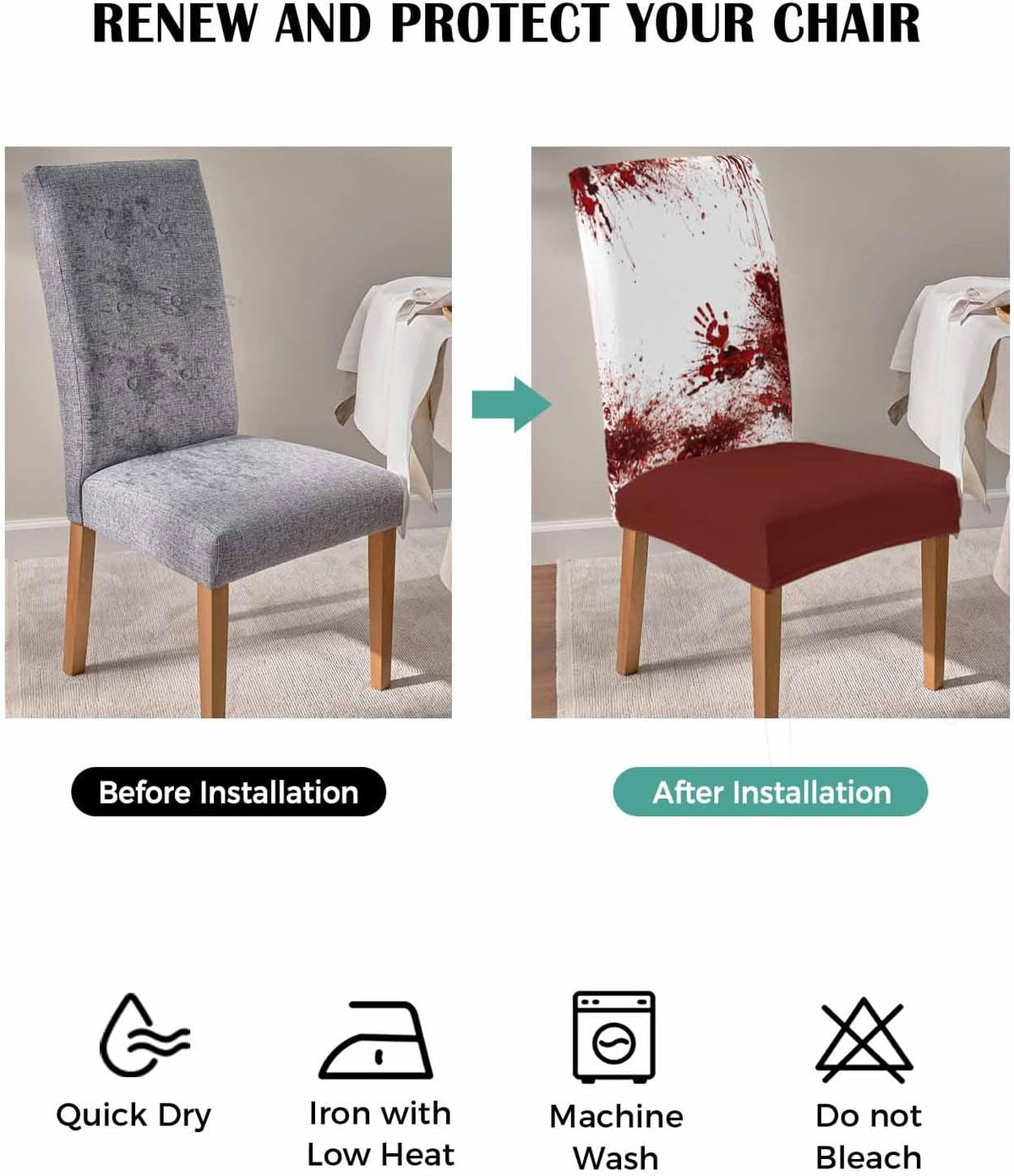 4 Pcs Dining Chair Covers Stretch Spandex Slipcovers Halloween Horror Bloody Handprint Removable Washable Dining Room Seat Cover Cushion Protector for Home Hotel Banquet Decor Red Blood White