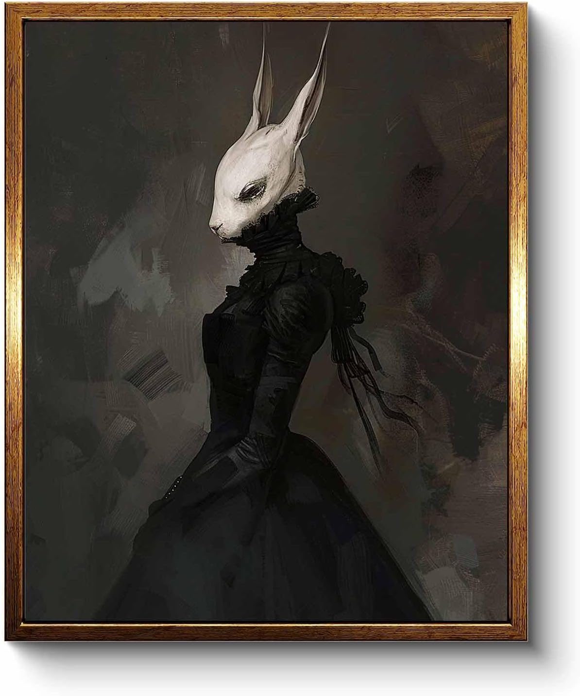 VIYYIEA Framed Canvas Wall Art Home Decor Gothic Room Decor Prints, Vintage Rabbit Lady Wall Decor, Aesthetic Dark Academia Halloween Wall Pictures Gold Framed Goth Artwork 9x11in