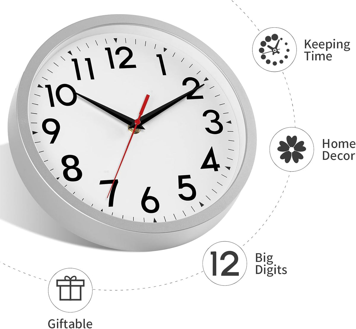 Wall Clock Small Analog 8 Inch Silent Non Ticking Battery Operated Modern Simple Decorative for Kitchen Office Bedroom Bathroom Living Room(Silver)