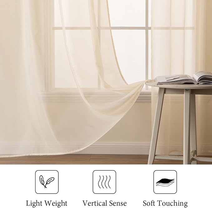 MIULEE Cream Beige Sheer Curtains 54 X 102 Inches, 2 Panels | Solid Color - Image 4