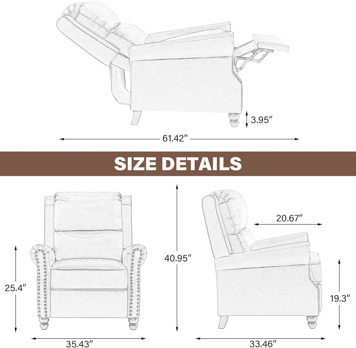 UIXE Pushback Recliner Chair Push Back Accent Chair, Fabric Overstuffed Armchair for Living Room, Rivet Trim Club Chair Home Theater Single Sofa Bedroom Reading Seat - Stripe Navy
