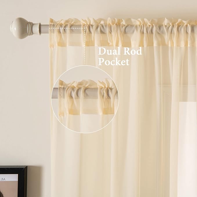 MIULEE Cream Beige Sheer Curtains 38 X 63 Inches, 2 Panels | Sheer Window - Image 2