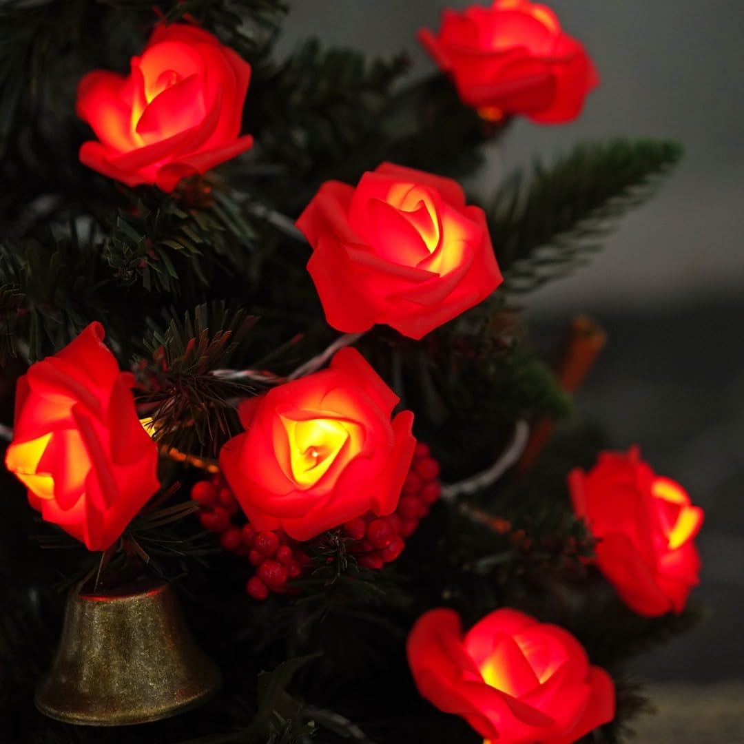 Everlasting Splashes LED Rose Flower Fairy String Lights Battery Operated Warm Flashing Light Romantic Proposal Wedding Party Birthday Christmas Thanksgiving DIY Indoor Outdoor Decorations (Red&Pink)