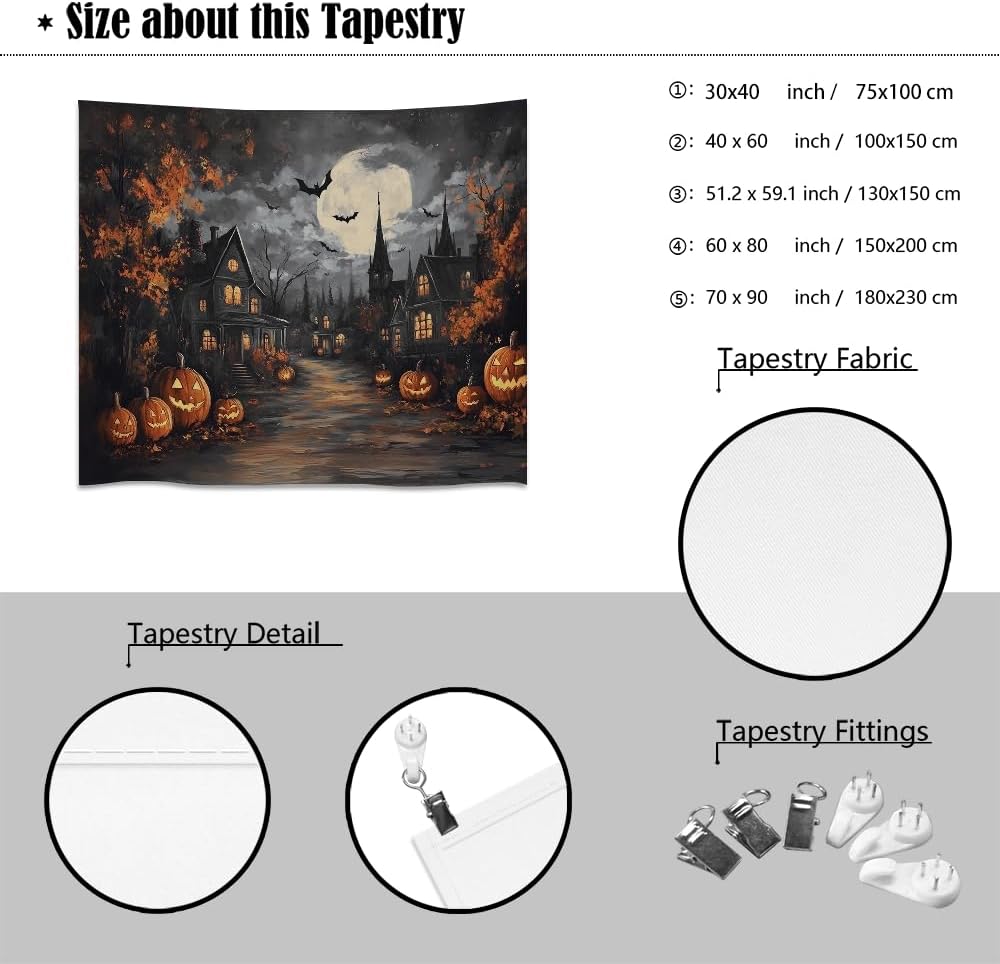Spooky Halloween Tapestry Haunted Home Bats Pumpkin Tapestry Wall Hanging Dark Academia Fall Full Moon Decor Gothic Ghost Tapestries for bedroom Living Room Decoration 40x60inch
