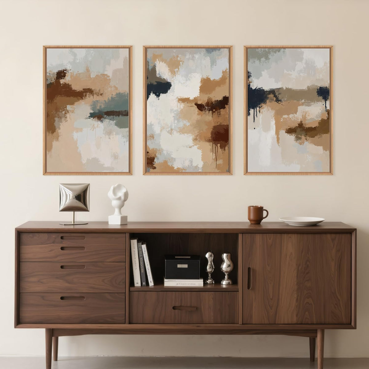 LHIUEM Large Abstract Brown Grey Framed Canvas Wall Art,Neutral Brush Stroke Pastel Wall Decor,Modern Color Block Wall Painting,Minimalist Artwork for Living Room,Bedroom,Dining Room,Office -16"x24"x3
