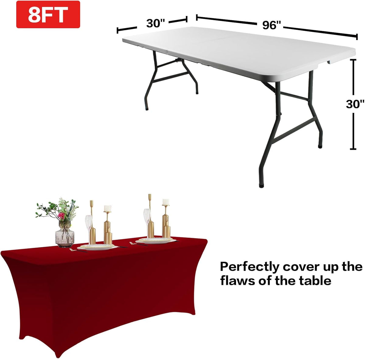 IVAPUPU 2 Pack 8FT Table Cloth for Rectangular Fitted Events Stretch Burgundy Table Covers Washable Cover Spandex Tablecloth Protector for Party, Wedding, Cocktail, Banquet, Festival