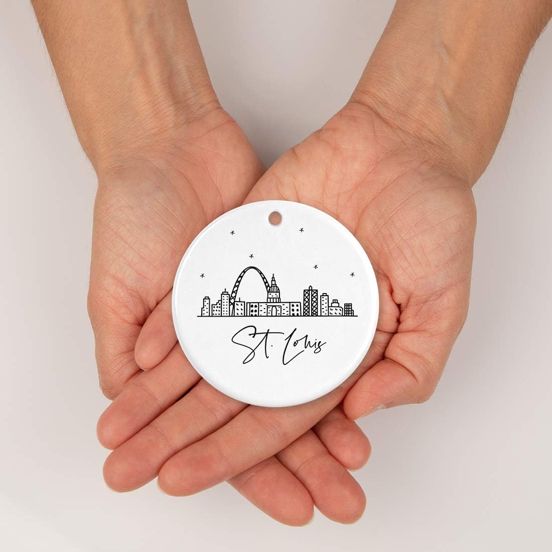 Andaz Press Round Ceramic Porcelain Christmas Tree Ornament, St. Louis, Black and White Stars City Skyline, 1-Pack, Birthday Ideas Coworker, Includes Box St Louis Ornament St Louis Christmas Ornament