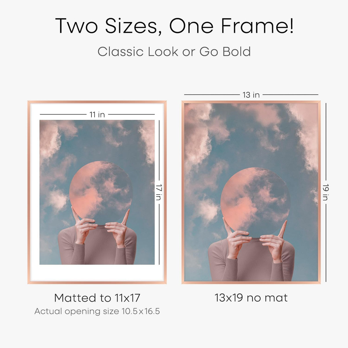 Homeforia 13x19 Picture Frame Rose Gold, High End Metal 13x19 Poster Frames with Mat 11x17 inch Photo, 13 x 19 Rose Gold Frame Matted to 11 by 17 Print, 19x13 Frame, Tempered Glass, Wall Kit, Set of 1