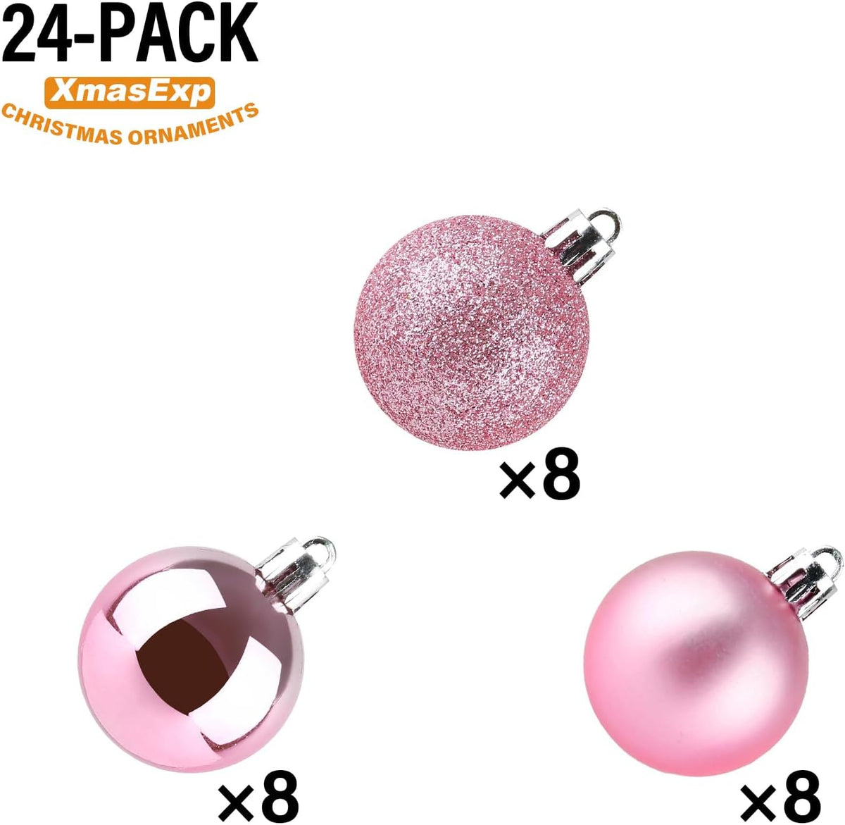 XmasExp 24ct Mini Christmas Ball Ornaments Shatterproof Christmas Ornaments Set Decorations for Xmas Tree Balls 30mm/1.18" (Pink)