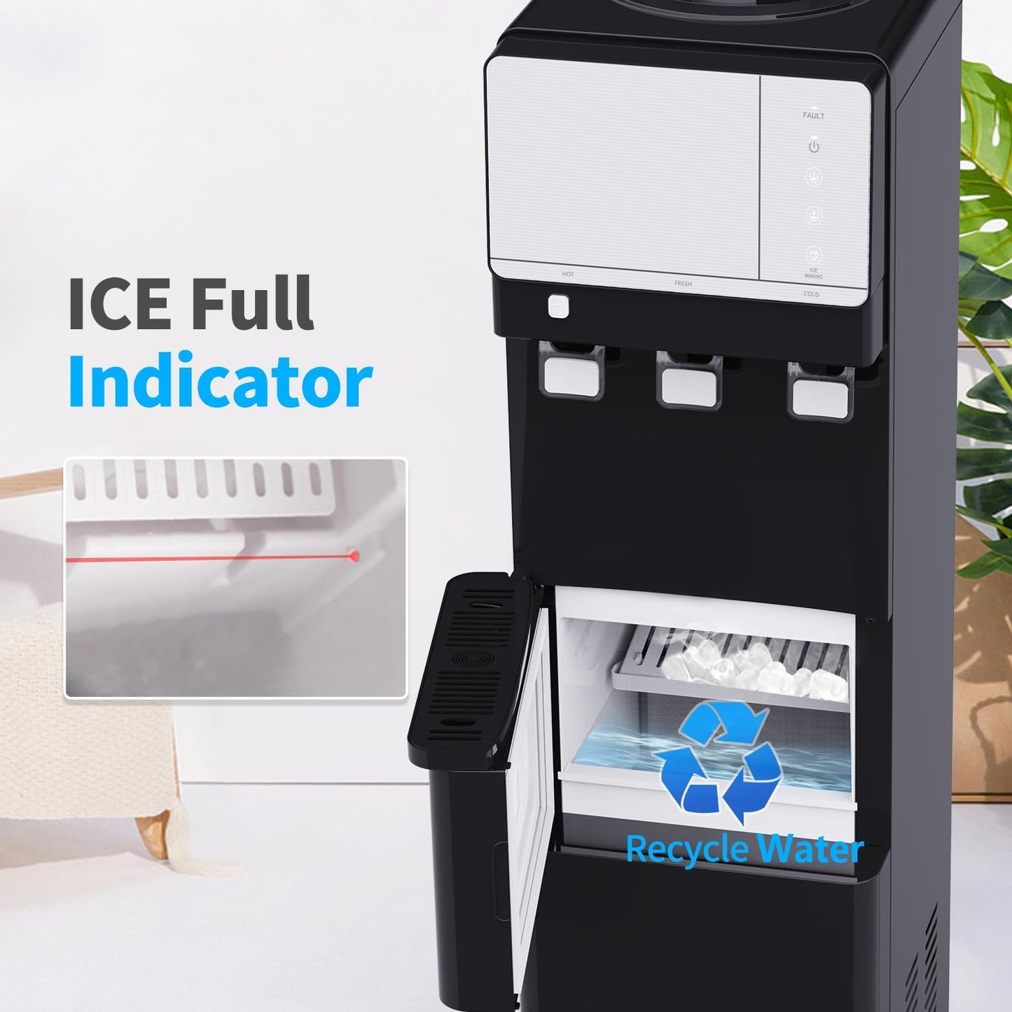 IKT Top Load Water Cooler Dispenser with Ice Maker for 5 Gallon Bottle 27 lbs Daily Capacity 3 Temperature Night Light Black