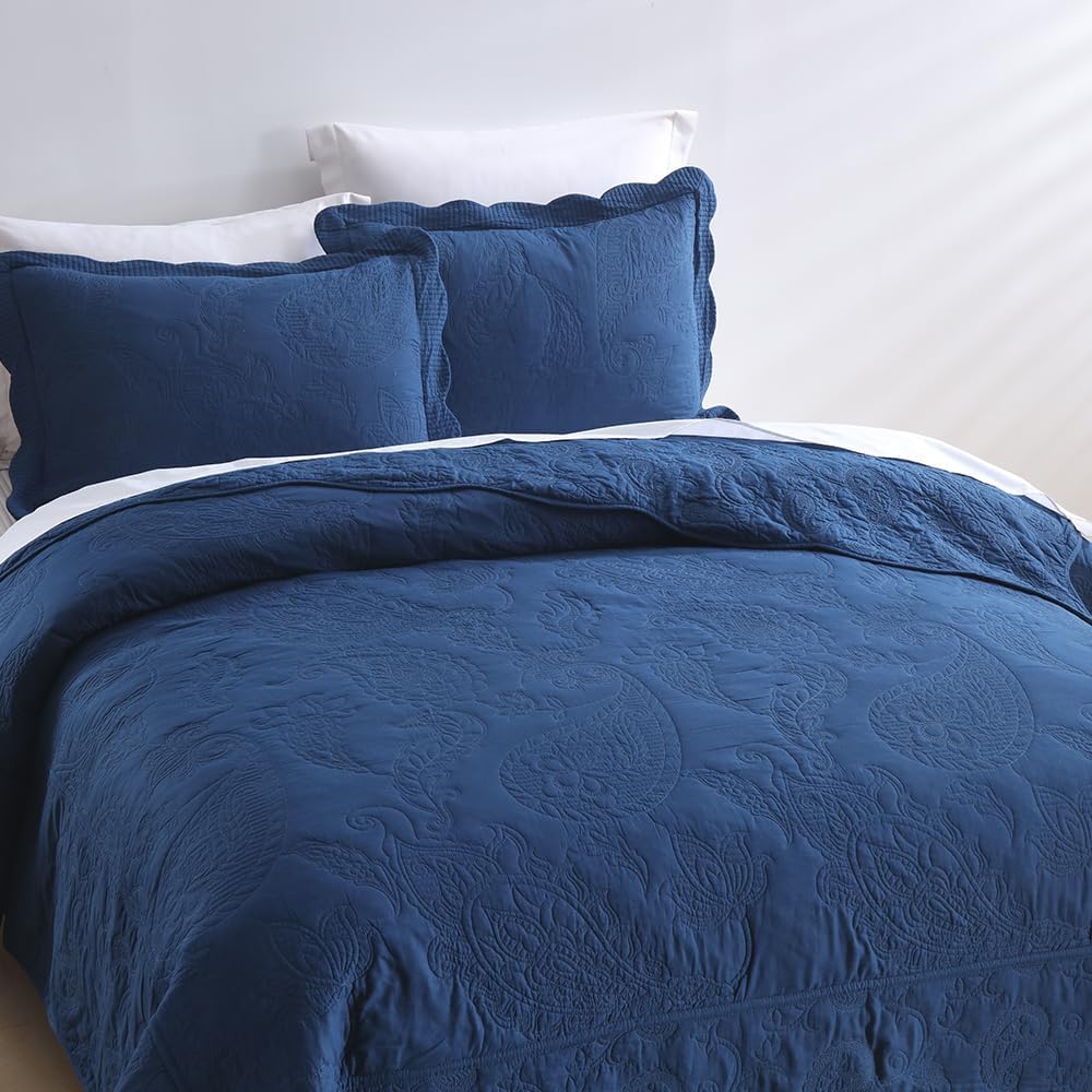 Cotton Bedspread Quilt Sets, Real Patchwork Bedding Sets with Luxury Floral Paisley Pattern, 3 Pieces Reversible Soft Lightweight Coverlet for All Season, Navy Blue, King Size