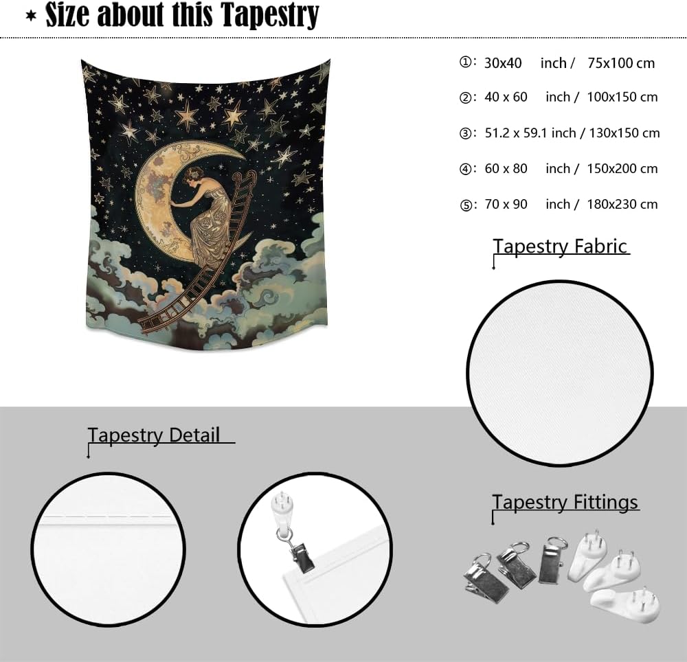 Dark Academia Gothic Aesthetic Tapestry ladder to The Moon and Stars Wall Hanging Print Trendy Vintage Art Nouveau Tapestries Decor for Home Bedroom Living Room 50x60inch