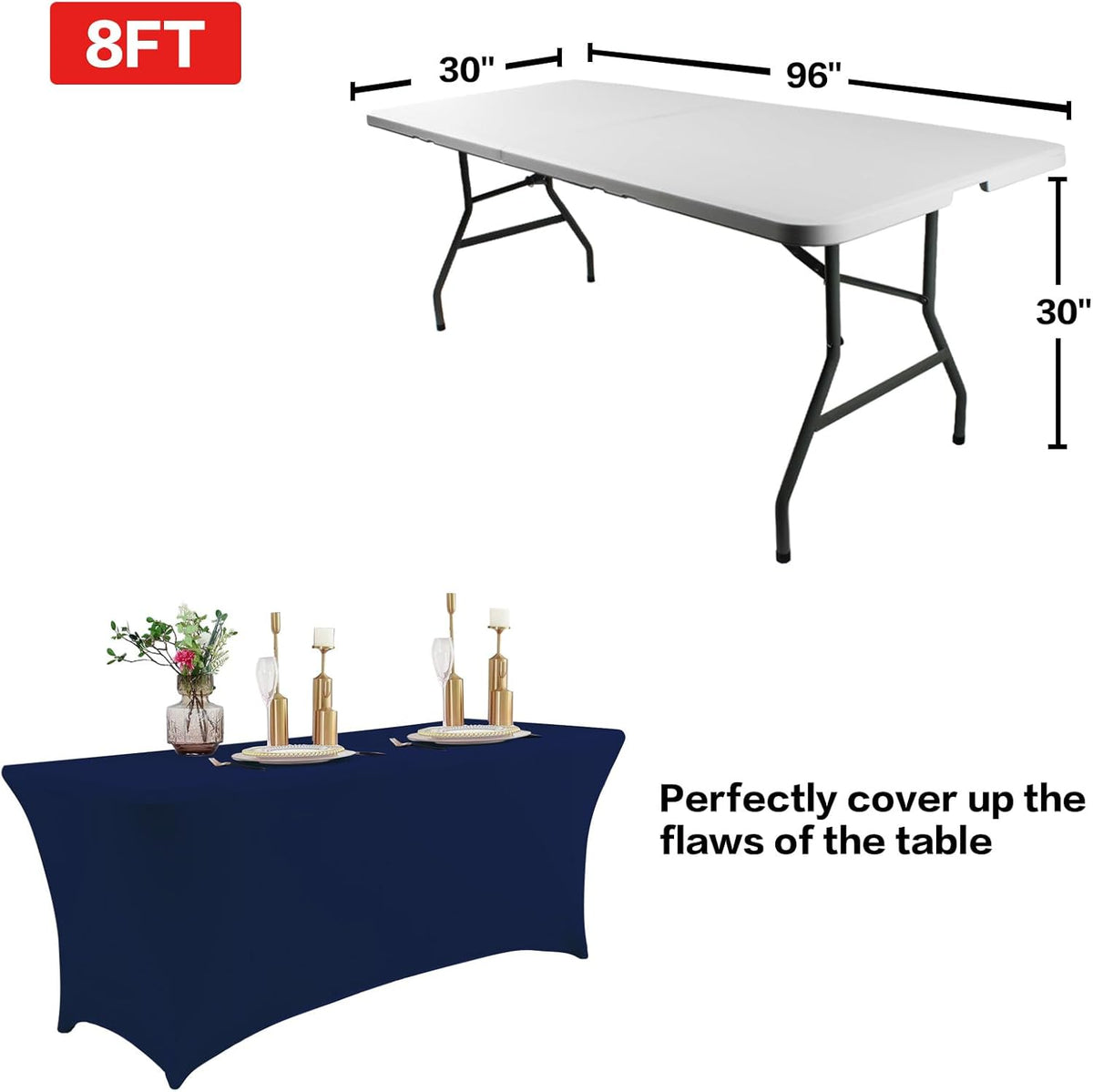 IVAPUPU 8FT Table Cloth for Rectangular Fitted Events Stretch Jean Blue Table Covers Washable Cover Spandex Tablecloth Protector for Party, Wedding, Cocktail, Banquet, Festival
