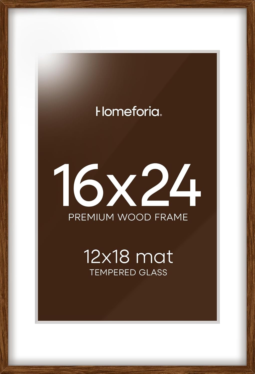 Homeforia Walnut Picture Frame 16x24, High End Dark Oak 16x24 Brown Wooden Frames with Mat 12x18, 16 x 24 Wood Poster Frame Matted to 12 by 18, 24x16 Hanging Frames, Tempered Glass, Wall Kit, Set of 1